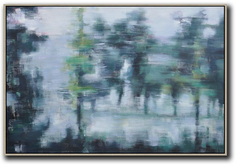 Horizontal Abstract Landscape Oil Painting,Acrylic Painting Large Wall Art White,Purple Grey,Dark Blue